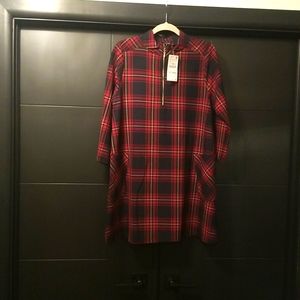 Navy & Burgundy plaid A-line mini dress.